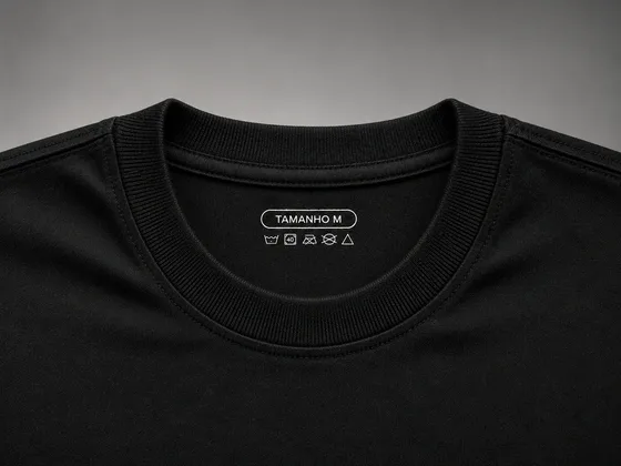 Camiseta preta com composição e tamanho impressos na gola