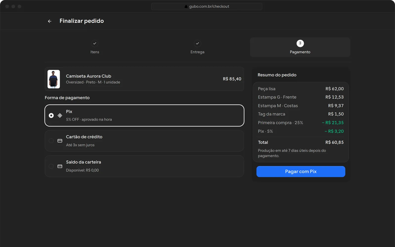 Tela de finalizar pedido do Gubo Studio com o resumo de custos da peça