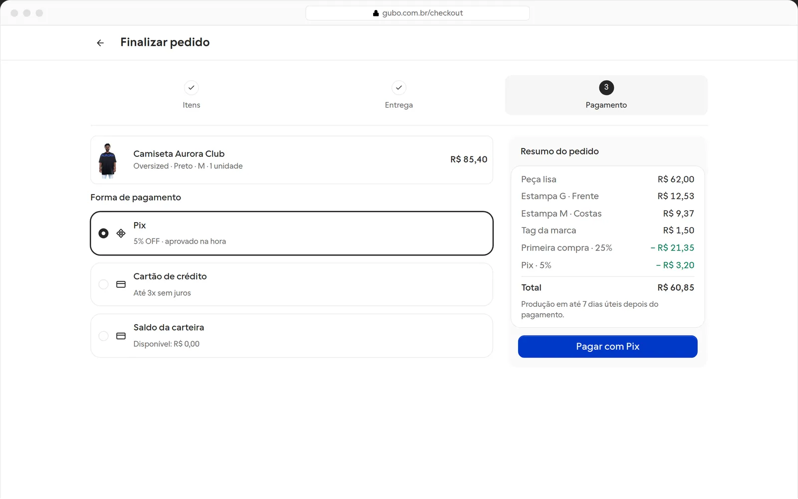 Tela de finalizar pedido do Gubo Studio com o resumo de custos da peça