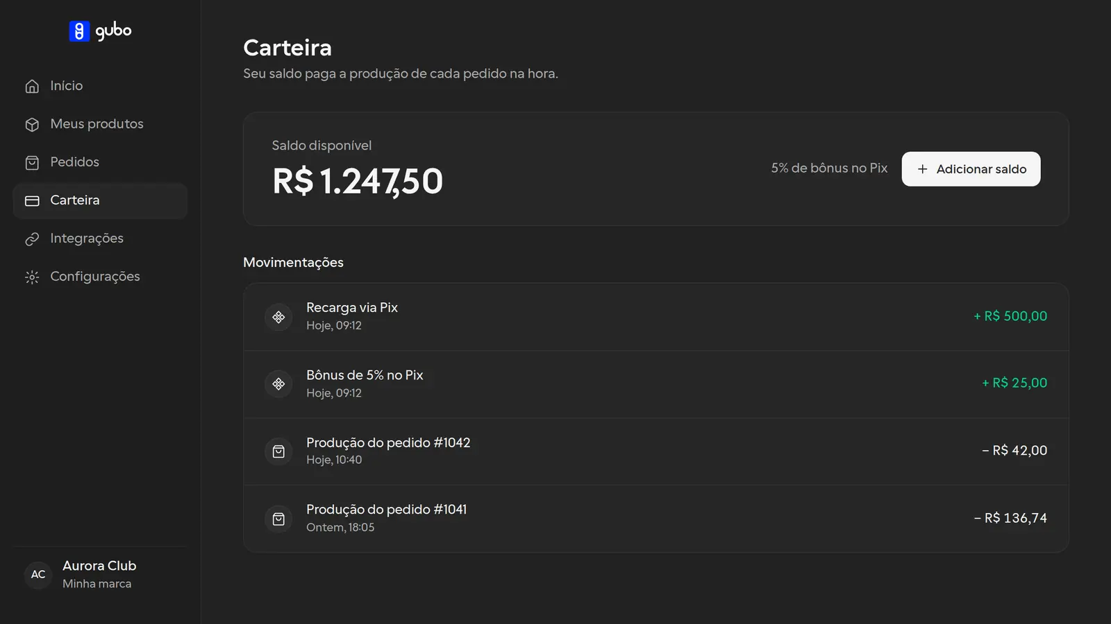 Tela Carteira do Gubo Studio