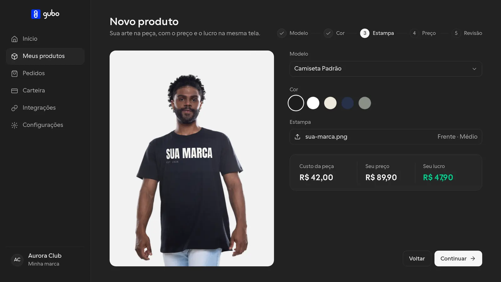 Tela Novo produto do Gubo Studio