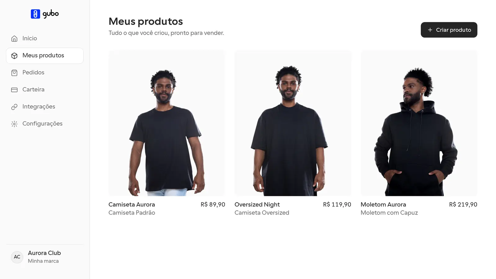 Tela Meus produtos do Gubo Studio