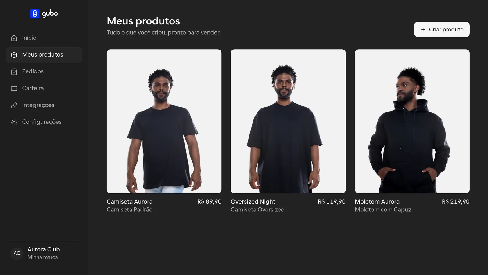 Tela Meus produtos do Gubo Studio