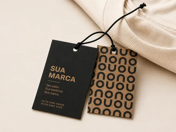 Tag kraft personalizada pendurada numa peça