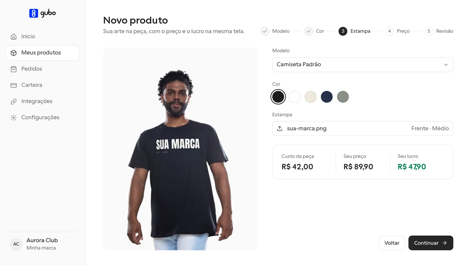 Tela de criação de produto do Gubo Studio